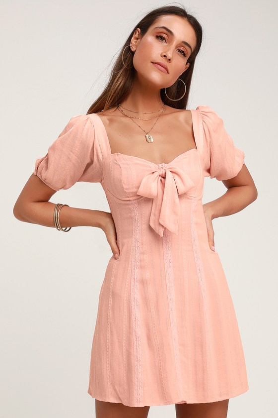 Pretty Blush Pink Puff Sleeve Dress - A ...